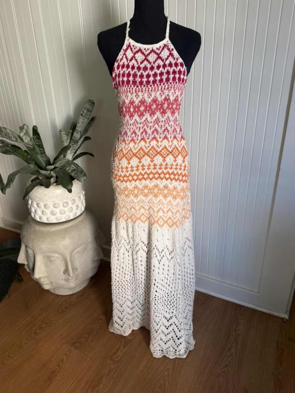 Free People Ombre Crochet Knit Halter Maxi Dress Cream Pink Orange Boho